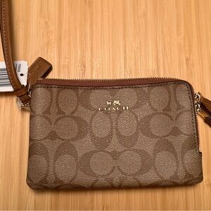 Coach Signature Double Zip Wristlet Brown Coated Canvas NWT
